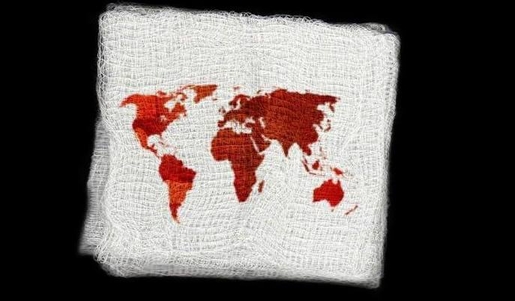 map of the world in blood, on a piece of gauze