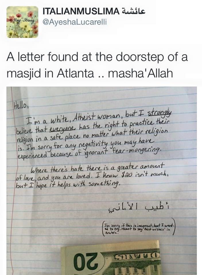 Letter from atheist woman to mosque, apologizing for racism