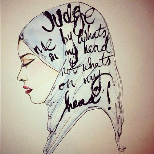 Illustration of a woman with a hijab, with words saying 