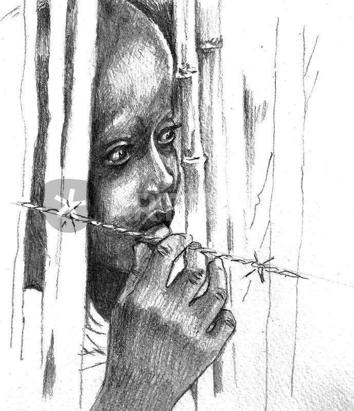 Pencil drawing of a refugee child