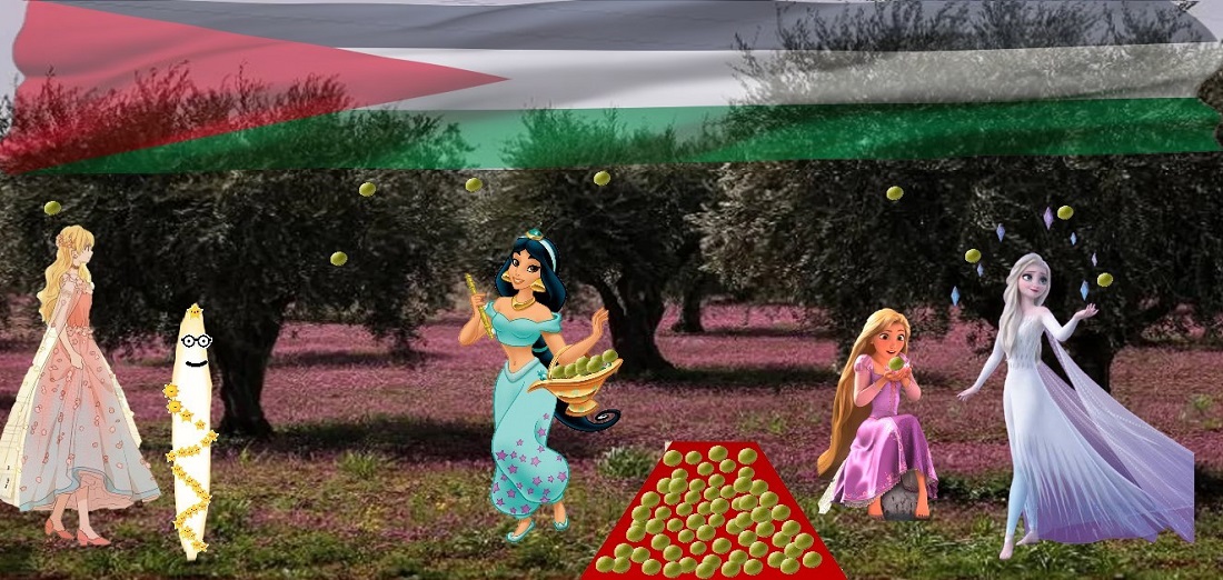 Disney princesses in a landscape colored with the Palestine flag.