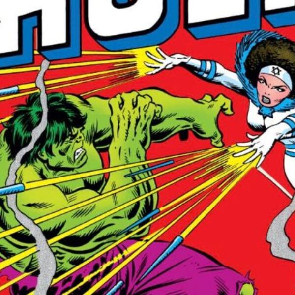 Comic book illustration of the Hulk and Sabra.