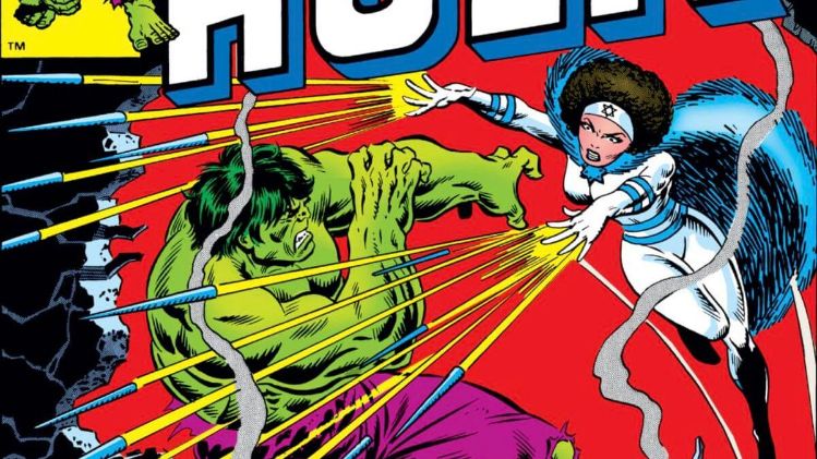 Comic book illustration of the Hulk and Sabra.
