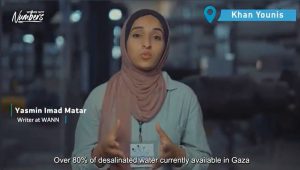 Screen shot of moderator from film on desalination plant in Gaza.