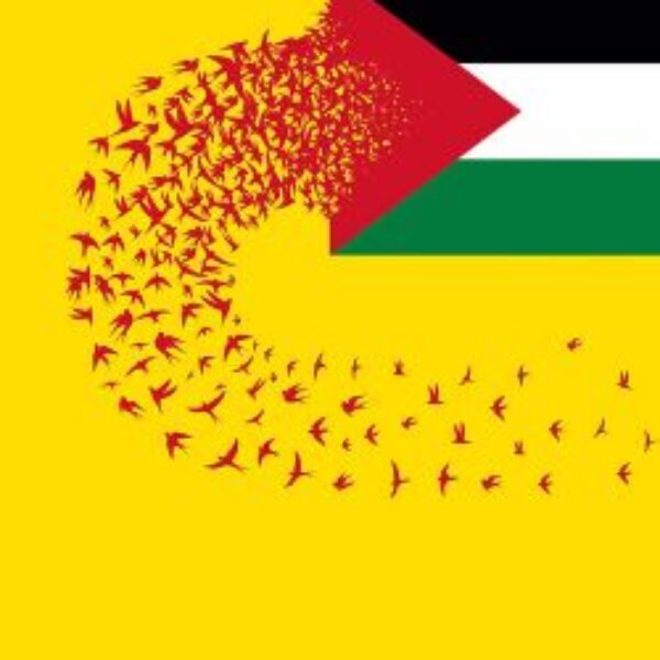 red birds flying into the flag of Palestine