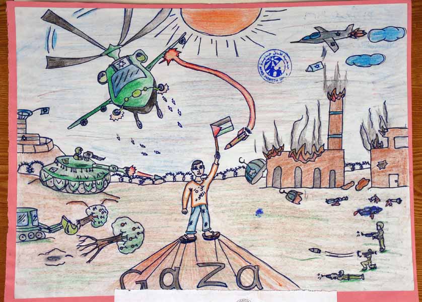 child's drawing of bombs on Gaza