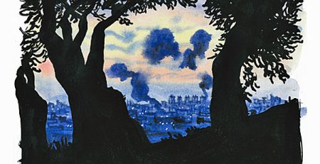 Trees with bombs in sky in background.