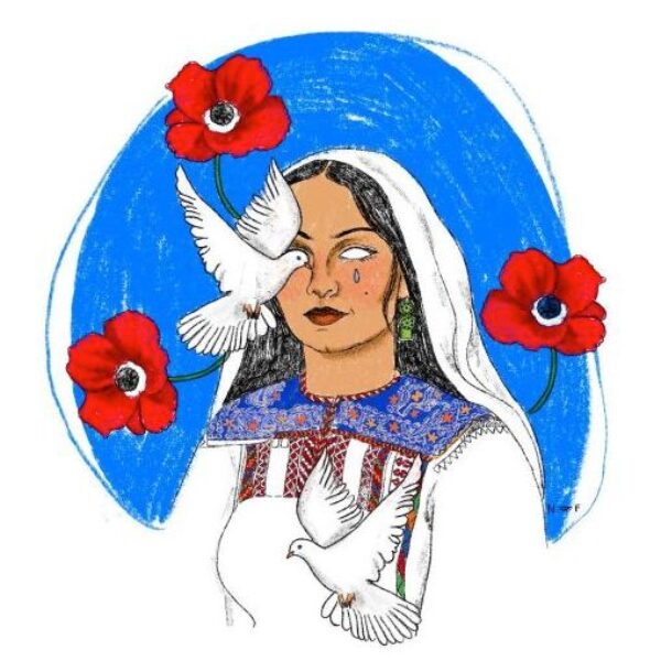 Palestinian woman crying, surrounded by red flowers and a dove.