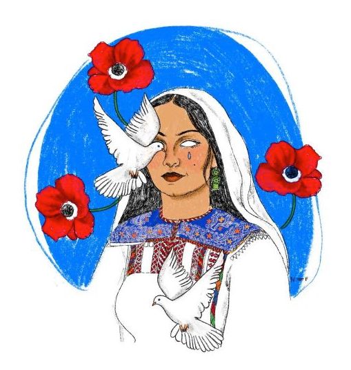 Palestinian woman crying, surrounded by red flowers and a dove.