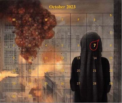 Woman in front of October 2023 calendar, bombs in background.