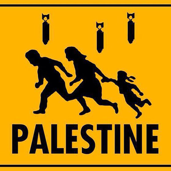 bombs falling on young people over word "Palestine."