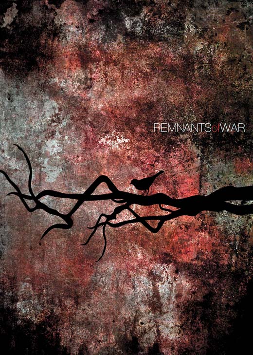 Bird on tree in war-devastated land. Text: REMNANTS WAR.