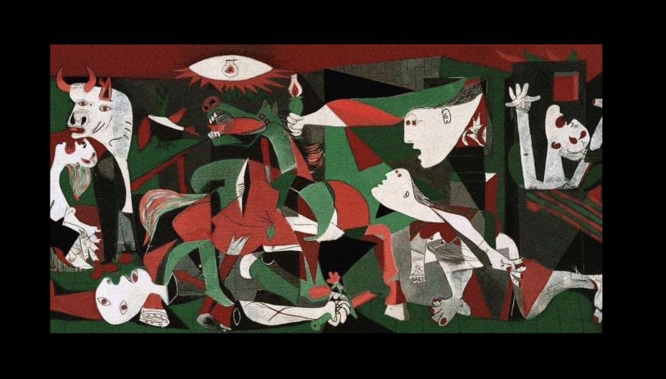 Palestinian people killed in war, painting similiar to Picaso's Guerinca