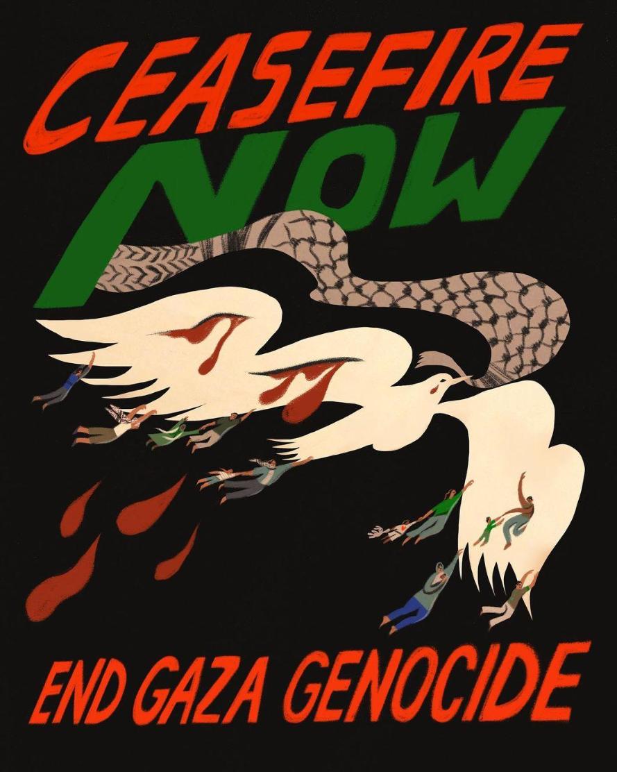 dove of peace, bleeding, people holding on. "Ceasefire, end Gaza Genocide."