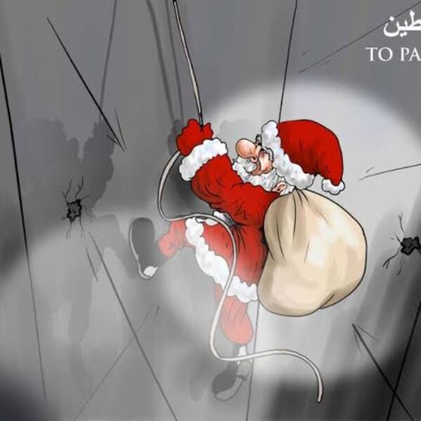 Santa climbing wall around Palestinian occupied territories.