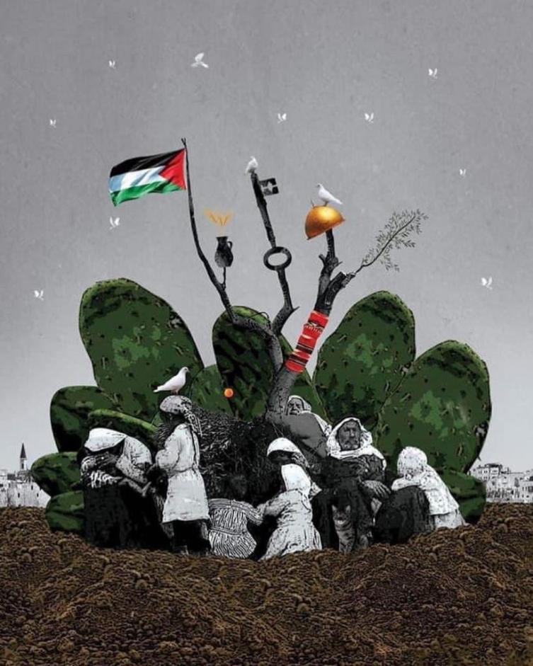 Family around plants with Palestine flag.