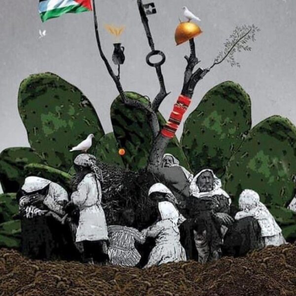 Family around cactus with Palestine flag.