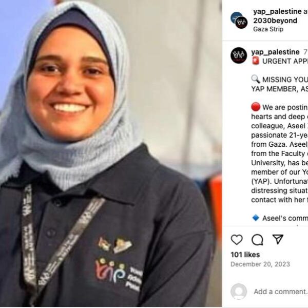 Social media appeal to locate missing youth activist in Gaza.