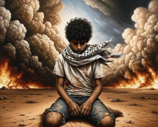 Boy with kaffiyeh in front of storm clouds.