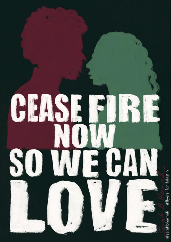 Profiles of a young man and woman. Text: Cease Fire Now So We Can Love.
