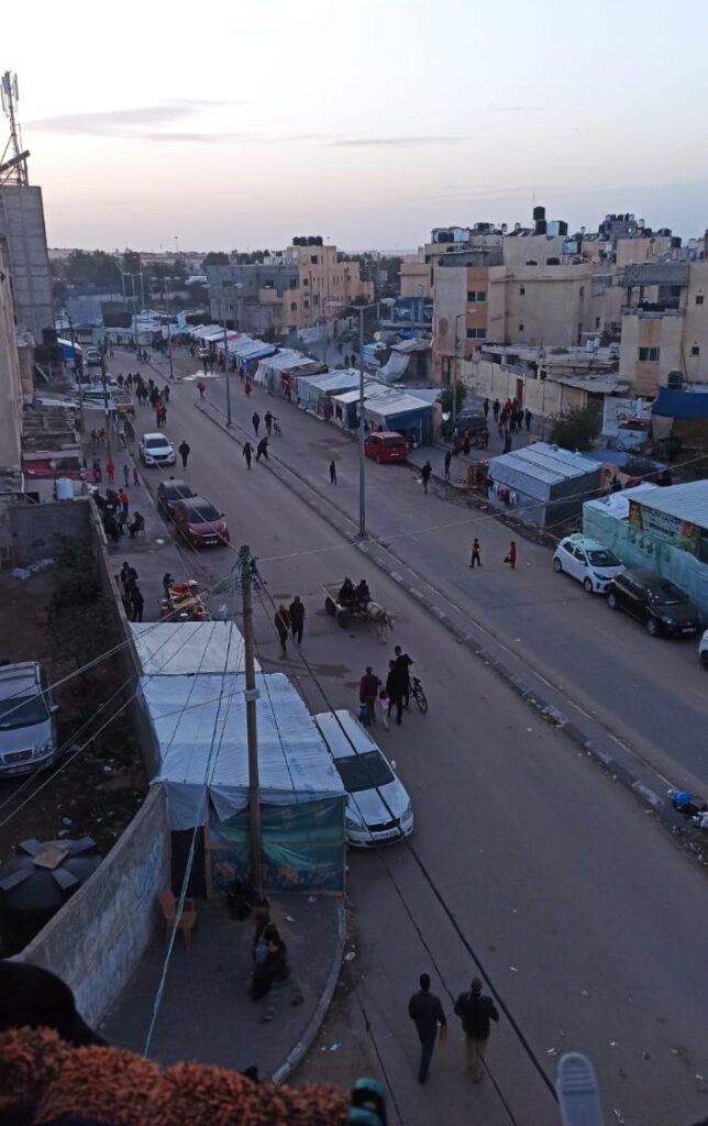 A row of tents on a road in Rafah.