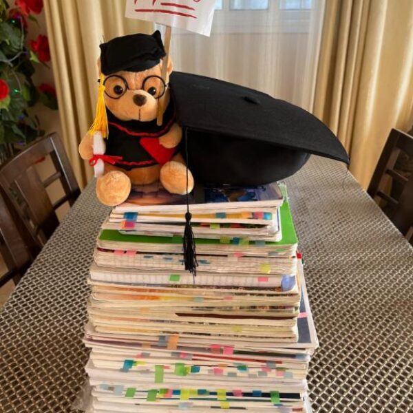 Teddy bear in graduation gown, holding flag that says "99.3%" and sitting on top of school notebooks.
