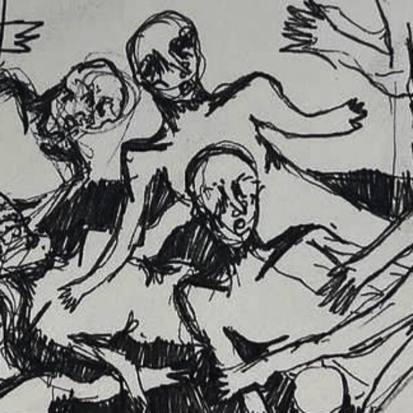 Line drawing of distressed humans in a pile.