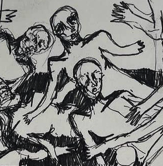 Line drawing of distressed humans in a pile.