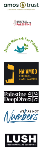 Logos for: Amos Trust, Association of Student Activism for Palestine, Jewish Network for Palestine, Na'Amod, Palestine Deep Dive, We Are Not Numbers, and LUSH