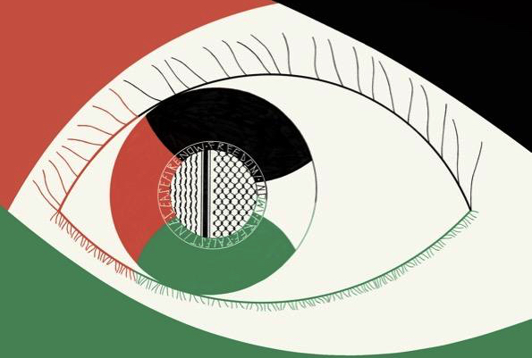 Closeup of eye, with iris and face in Palestinian colors.