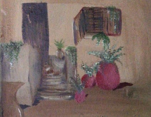 Painting of a home entryway, with a door, window, front steps, and several red pots of plants.